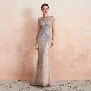 High End Champagne See Through Evening Dresses 2020 Trumpet Mermaid Scoop Neck Short Sleeve Handmade Beading Sweep Train Formal Dresses