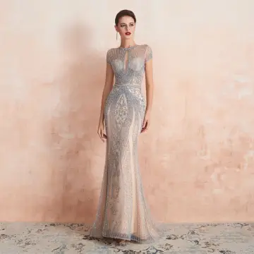 Haut De Gamme Champagne Transparentes Robe De Soirée 2020 Trompette Sirène Encolure Dégagée Manches Courtes Fait Main Perlage Train De Balayage Robe De Ceremonie