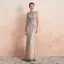Haut de Gamme Champagne Transparentes Robe De Soirée 2020 Trompette / Sirène Encolure Dégagée Manches Courtes Fait main Perlage Train De Balayage Robe De Ceremonie