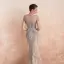 Haut de Gamme Champagne Transparentes Robe De Soirée 2020 Trompette / Sirène Encolure Dégagée Manches Courtes Fait main Perlage Train De Balayage Robe De Ceremonie