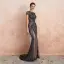 Haut de Gamme Champagne Transparentes Robe De Soirée 2020 Trompette / Sirène Encolure Dégagée Manches Courtes Fait main Perlage Train De Balayage Robe De Ceremonie