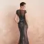 Haut de Gamme Champagne Transparentes Robe De Soirée 2020 Trompette / Sirène Encolure Dégagée Manches Courtes Fait main Perlage Train De Balayage Robe De Ceremonie