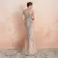 Haut de Gamme Champagne Transparentes Robe De Soirée 2020 Trompette / Sirène Encolure Dégagée Manches Courtes Fait main Perlage Train De Balayage Robe De Ceremonie