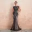 Haut de Gamme Champagne Transparentes Robe De Soirée 2020 Trompette / Sirène Encolure Dégagée Manches Courtes Fait main Perlage Train De Balayage Robe De Ceremonie