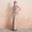 Haut de Gamme Champagne Transparentes Robe De Soirée 2020 Trompette / Sirène Encolure Dégagée Manches Courtes Fait main Perlage Train De Balayage Robe De Ceremonie
