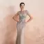 Haut de Gamme Champagne Transparentes Robe De Soirée 2020 Trompette / Sirène Encolure Dégagée Manches Courtes Fait main Perlage Train De Balayage Robe De Ceremonie