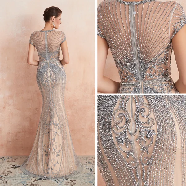 Haut de Gamme Champagne Transparentes Robe De Soirée 2020 Trompette / Sirène Encolure Dégagée Manches Courtes Fait main Perlage Train De Balayage Robe De Ceremonie