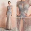 Haut de Gamme Champagne Transparentes Robe De Soirée 2020 Trompette / Sirène Encolure Dégagée Manches Courtes Fait main Perlage Train De Balayage Robe De Ceremonie