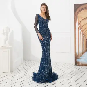 High End Navy Blue Evening Dresses 2020 Trumpet Mermaid V Neck Long Sleeve Handmade Beading Sweep Train Ruffle Backless Formal Dresses