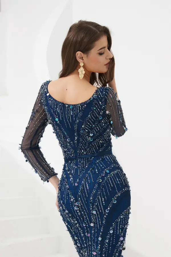Haut de Gamme Bleu Marine Robe De Soirée 2020 Trompette / Sirène V-Cou Manches Longues Fait main Perlage Train De Balayage Volants Dos Nu Robe De Ceremonie