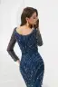 Haut de Gamme Bleu Marine Robe De Soirée 2020 Trompette / Sirène V-Cou Manches Longues Fait main Perlage Train De Balayage Volants Dos Nu Robe De Ceremonie