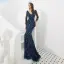 Haut de Gamme Bleu Marine Robe De Soirée 2020 Trompette / Sirène V-Cou Manches Longues Fait main Perlage Train De Balayage Volants Dos Nu Robe De Ceremonie