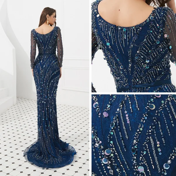 Haut de Gamme Bleu Marine Robe De Soirée 2020 Trompette / Sirène V-Cou Manches Longues Fait main Perlage Train De Balayage Volants Dos Nu Robe De Ceremonie
