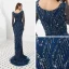 Haut de Gamme Bleu Marine Robe De Soirée 2020 Trompette / Sirène V-Cou Manches Longues Fait main Perlage Train De Balayage Volants Dos Nu Robe De Ceremonie