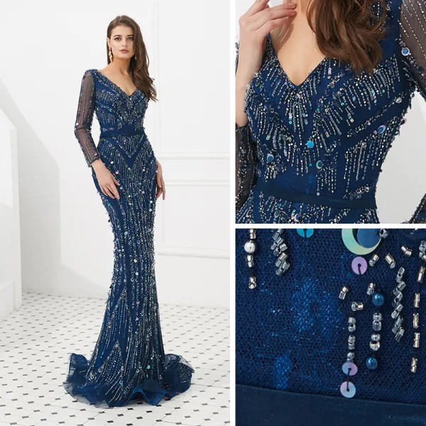 Haut de Gamme Bleu Marine Robe De Soirée 2020 Trompette / Sirène V-Cou Manches Longues Fait main Perlage Train De Balayage Volants Dos Nu Robe De Ceremonie