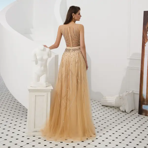 Luxury / Gorgeous Gold See-through Evening Dresses 2020 A-Line / Princess Square Neckline Sleeveless Handmade Beading Sash Floor-Length / Long Ruffle Formal Dresses