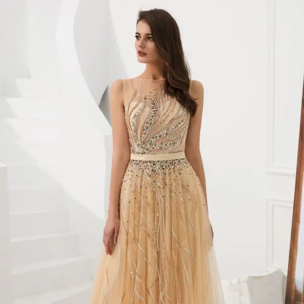 Luxury / Gorgeous Gold See-through Evening Dresses 2020 A-Line / Princess Square Neckline Sleeveless Handmade Beading Sash Floor-Length / Long Ruffle Formal Dresses