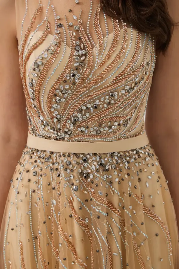 Luxury / Gorgeous Gold See-through Evening Dresses 2020 A-Line / Princess Square Neckline Sleeveless Handmade Beading Sash Floor-Length / Long Ruffle Formal Dresses