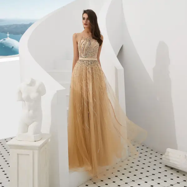 Luxury / Gorgeous Gold See-through Evening Dresses 2020 A-Line / Princess Square Neckline Sleeveless Handmade Beading Sash Floor-Length / Long Ruffle Formal Dresses
