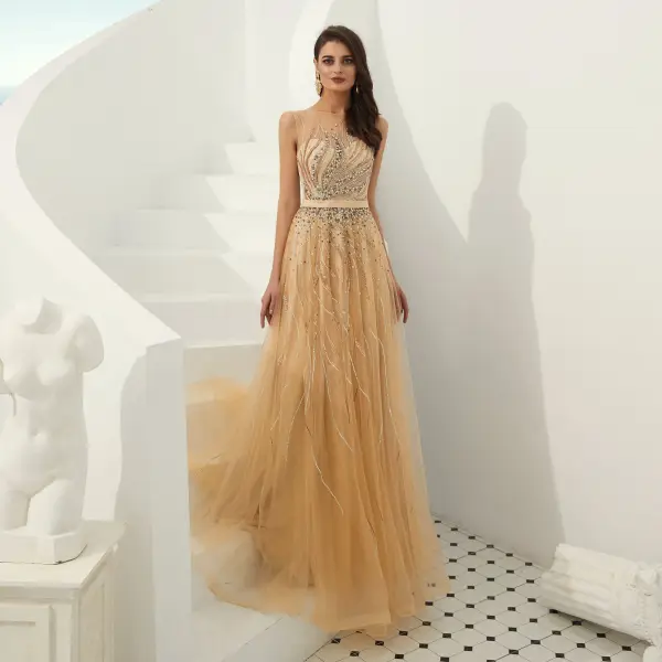 Luxury / Gorgeous Gold See-through Evening Dresses 2020 A-Line / Princess Square Neckline Sleeveless Handmade Beading Sash Floor-Length / Long Ruffle Formal Dresses