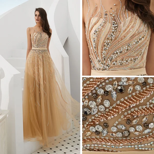 Luxury / Gorgeous Gold See-through Evening Dresses 2020 A-Line / Princess Square Neckline Sleeveless Handmade Beading Sash Floor-Length / Long Ruffle Formal Dresses