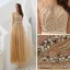 Luxury / Gorgeous Gold See-through Evening Dresses  2020 A-Line / Princess Square Neckline Sleeveless Handmade  Beading Sash Floor-Length / Long Ruffle Formal Dresses