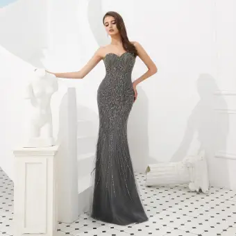 Luxury Gorgeous Grey Evening Dresses 2020 Trumpet Mermaid Sweetheart Sleeveless Handmade Beading Detachable Watteau Train Backless Formal Dresses