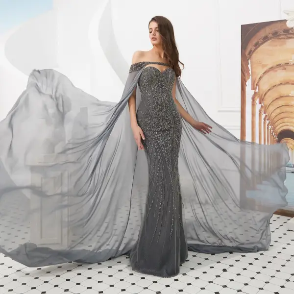 Luxury / Gorgeous Grey Evening Dresses 2020 Trumpet / Mermaid Sweetheart Sleeveless Handmade Beading Detachable Watteau Train Backless Formal Dresses