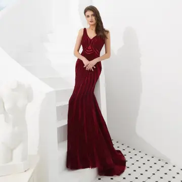 Luxury Gorgeous Burgundy Evening Dresses 2020 Trumpet Mermaid V Neck Sleeveless Handmade Beading Sweep Train Backless Formal Dresses