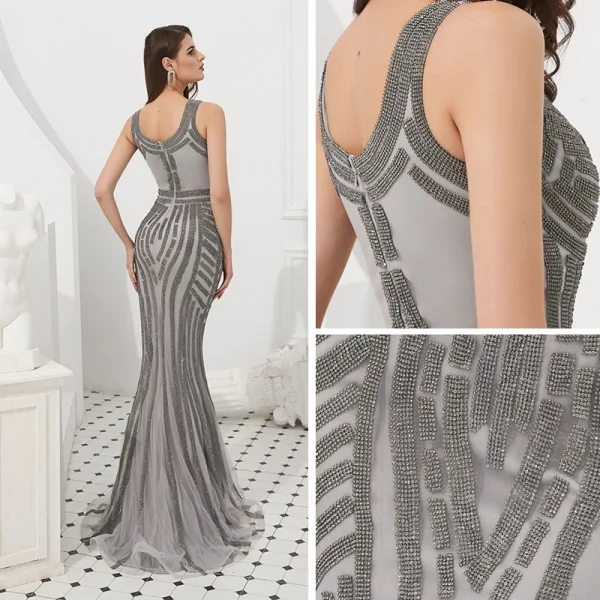 Haut de Gamme Gris Robe De Soirée 2020 Trompette / Sirène V-Cou Sans Manches Fait main Perlage Train De Balayage Dos Nu Robe De Ceremonie