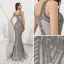Haut de Gamme Gris Robe De Soirée 2020 Trompette / Sirène V-Cou Sans Manches Fait main Perlage Train De Balayage Dos Nu Robe De Ceremonie