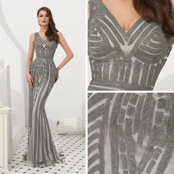 Haut de Gamme Gris Robe De Soirée 2020 Trompette / Sirène V-Cou Sans Manches Fait main Perlage Train De Balayage Dos Nu Robe De Ceremonie