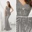 Haut de Gamme Gris Robe De Soirée 2020 Trompette / Sirène V-Cou Sans Manches Fait main Perlage Train De Balayage Dos Nu Robe De Ceremonie