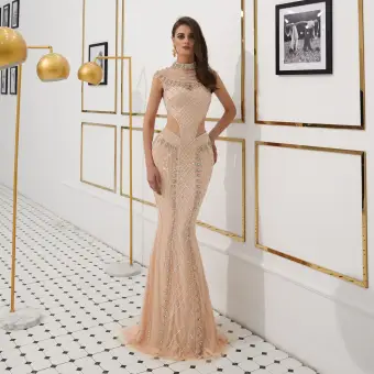 High End See Through Gold Evening Dresses 2020 Trumpet Mermaid High Neck Sleeveless Handmade Beading Sweep Train Formal Dresses