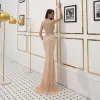 High-end See-through Gold Evening Dresses  2020 Trumpet / Mermaid High Neck Sleeveless Handmade  Beading Sweep Train Formal Dresses