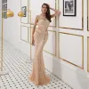 High-end See-through Gold Evening Dresses  2020 Trumpet / Mermaid High Neck Sleeveless Handmade  Beading Sweep Train Formal Dresses