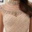 Haut de Gamme Transparentes Doré Robe De Soirée 2020 Trompette / Sirène Col Haut Sans Manches Fait main Perlage Train De Balayage Robe De Ceremonie