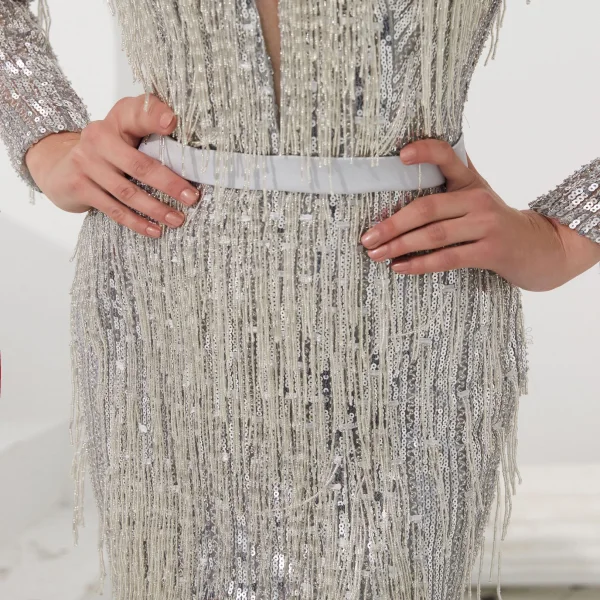 Luxe Scintillantes Gris Robe De Soirée 2020 Trompette / Sirène Transparentes Col v profond Manches Longues Paillettes Perlage Gland Ceinture Longue Robe De Ceremonie