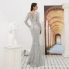 Luxury / Gorgeous Sparkly Grey Evening Dresses  2020 Trumpet / Mermaid See-through Deep V-Neck Long Sleeve Sequins Beading Tassel Sash Floor-Length / Long Formal Dresses