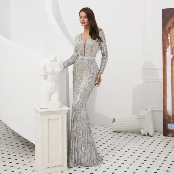 Luxe Scintillantes Gris Robe De Soirée 2020 Trompette / Sirène Transparentes Col v profond Manches Longues Paillettes Perlage Gland Ceinture Longue Robe De Ceremonie