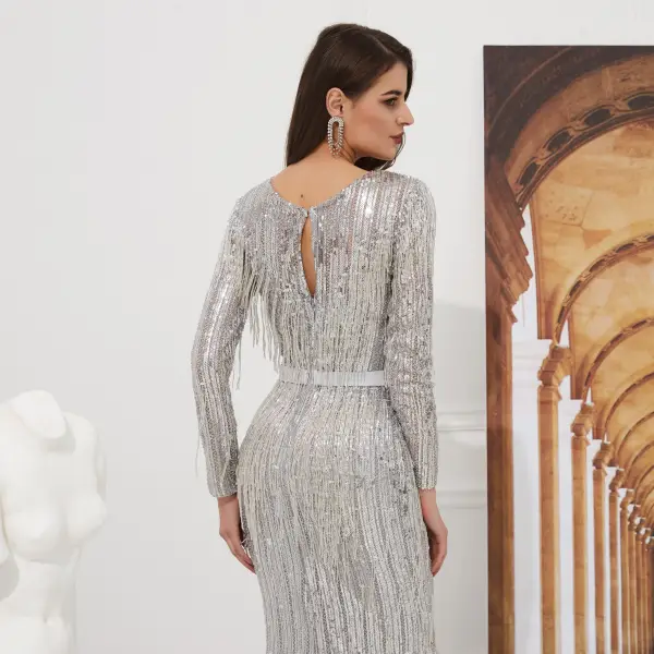 Luxe Scintillantes Gris Robe De Soirée 2020 Trompette / Sirène Transparentes Col v profond Manches Longues Paillettes Perlage Gland Ceinture Longue Robe De Ceremonie