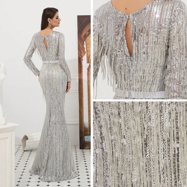 Luxe Scintillantes Gris Robe De Soirée 2020 Trompette / Sirène Transparentes Col v profond Manches Longues Paillettes Perlage Gland Ceinture Longue Robe De Ceremonie