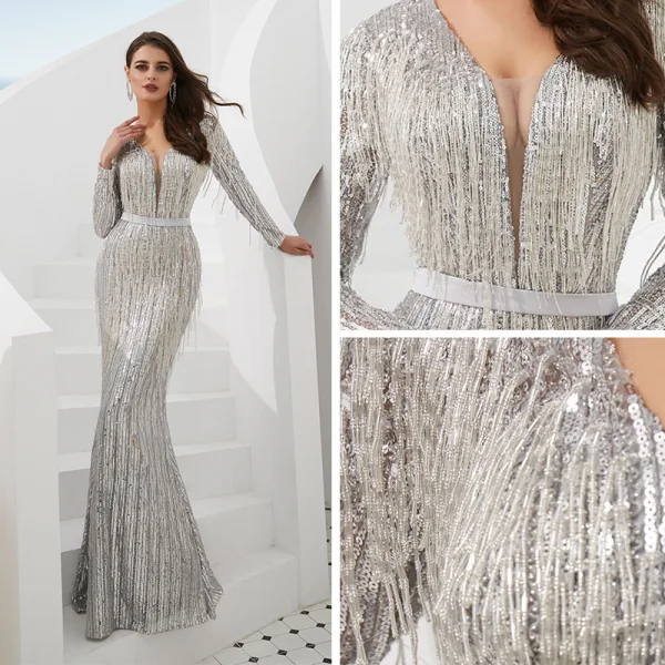 Luxe Scintillantes Gris Robe De Soirée 2020 Trompette / Sirène Transparentes Col v profond Manches Longues Paillettes Perlage Gland Ceinture Longue Robe De Ceremonie