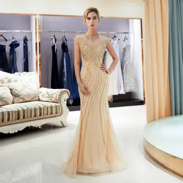 Luxe Doré Transparentes Robe De Soirée 2020 Trompette Sirène Encolure Dégagée Sans Manches Fait Main Perlage Train De Balayage Robe De Ceremonie
