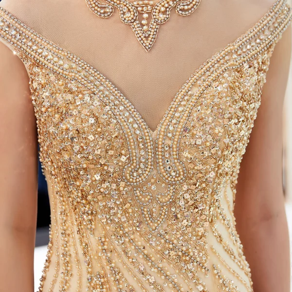 Luxury / Gorgeous Gold See-through Evening Dresses 2020 Trumpet / Mermaid Scoop Neck Sleeveless Handmade Beading Sweep Train Formal Dresses