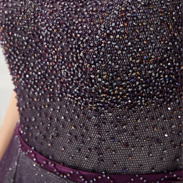 High End Durchsichtige Traube Abendkleider 2020 A Linie Rundhalsausschnitt Kurze Ärmel Glanz Polyester Handgefertigt Perlenstickerei Stoffgürtel Lange Rückenfreies Festliche Kleider
