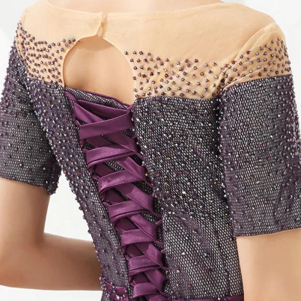 High End Durchsichtige Traube Abendkleider 2020 A Linie Rundhalsausschnitt Kurze Ärmel Glanz Polyester Handgefertigt Perlenstickerei Stoffgürtel Lange Rückenfreies Festliche Kleider