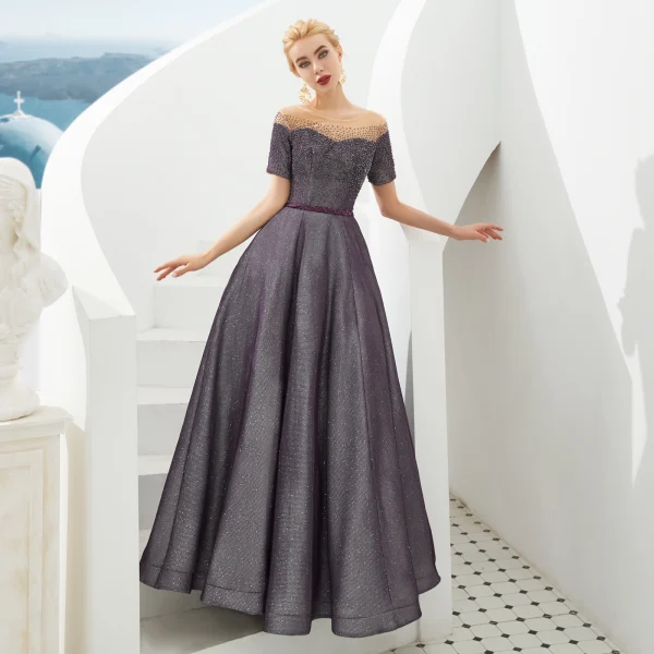 High End Durchsichtige Traube Abendkleider 2020 A Linie Rundhalsausschnitt Kurze Ärmel Glanz Polyester Handgefertigt Perlenstickerei Stoffgürtel Lange Rückenfreies Festliche Kleider