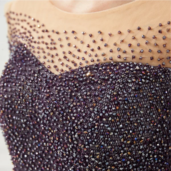 High End Durchsichtige Traube Abendkleider 2020 A Linie Rundhalsausschnitt Kurze Ärmel Glanz Polyester Handgefertigt Perlenstickerei Stoffgürtel Lange Rückenfreies Festliche Kleider