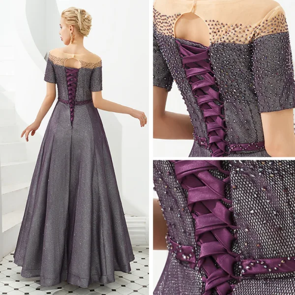 High End Durchsichtige Traube Abendkleider 2020 A Linie Rundhalsausschnitt Kurze Ärmel Glanz Polyester Handgefertigt Perlenstickerei Stoffgürtel Lange Rückenfreies Festliche Kleider
